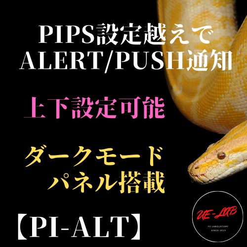 現在値が上下に設定したPipsを越えるとアラート表示/プッシュ通知を行なうインジケーターが遂に誕生。基準値は更新/固定を切替可能。判定開始・終了/視覚的に現在の状況が把握できるダークモードパネル搭載。