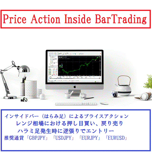 インサイドバー（はらみ足）によるプライスアクショントレード。レンジ相場における押し目買い、戻り売りのEAです。