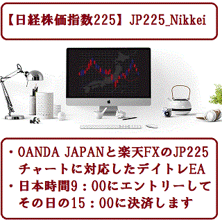【日経株価指数225】OANDA JAPANと楽天FXのJP225(日経株価指数225)の5分足チャートに対応したデイトレEA。日本時間9：00にエントリーし15：00に決済します。