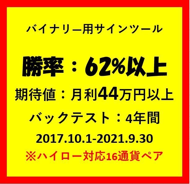 月間期待値：44万円以上　4年間バックテスト勝率62％以上　 バイナリー用サインツール