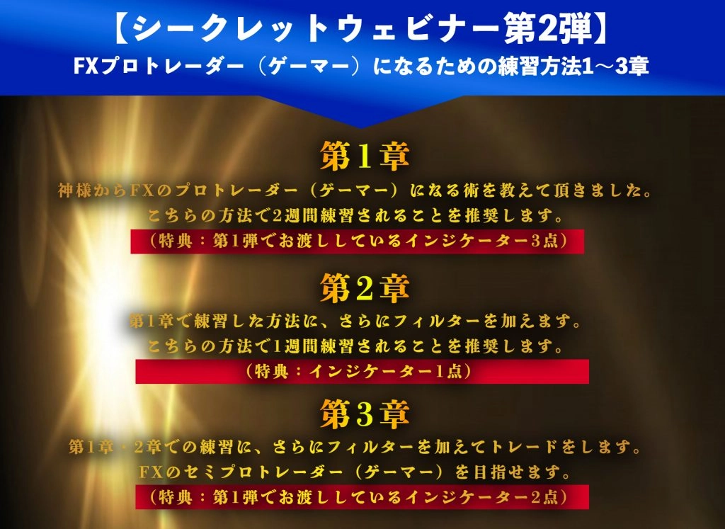 日本のトップ5%層に入る神様のFXの教えシークレットウェビナー第二弾 FXプロトレーダー（ゲーマー）になるための練習方法 第2章＋インジケーター1点