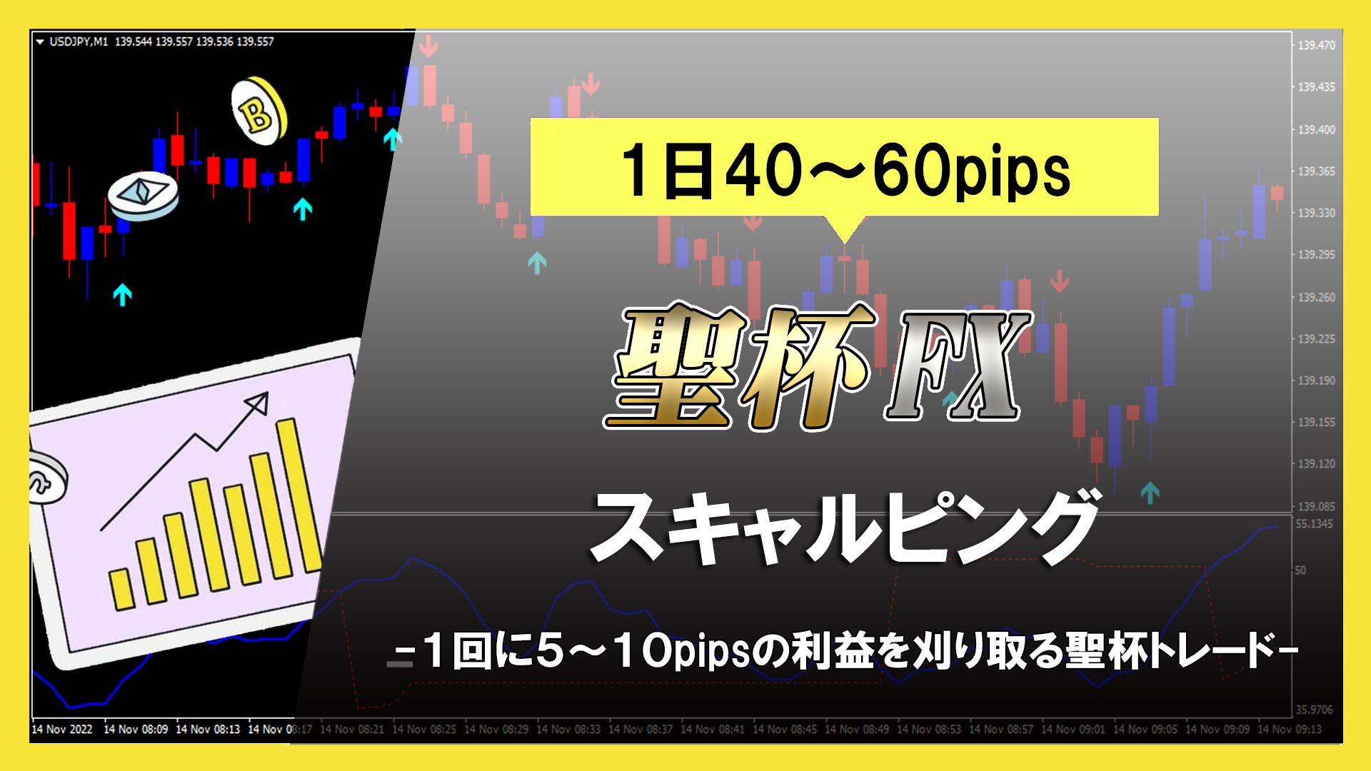 FXで通貨ペア＝USD/JPYやEUR/USDなどの多くの通貨ペアで安定して長期の運用が出来るスキャルピング手法になります。