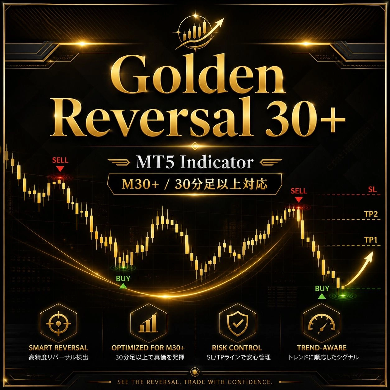 Golden Reversal 30+ レビュー｜GOLD30分足専用・反転サイン+TP/SL自動描画のMT5インジケーター解説