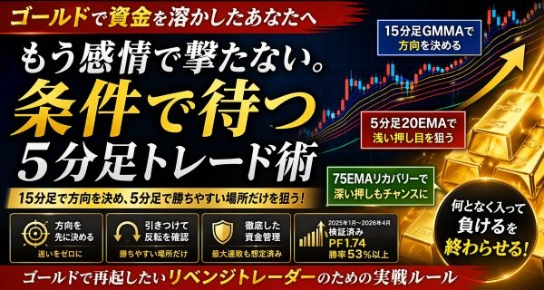 ゴールドで資金を溶かしたあなたへ5分足リベンジ戦略 レビュー｜GMMA・平均足で押し目を狙う3ステップ